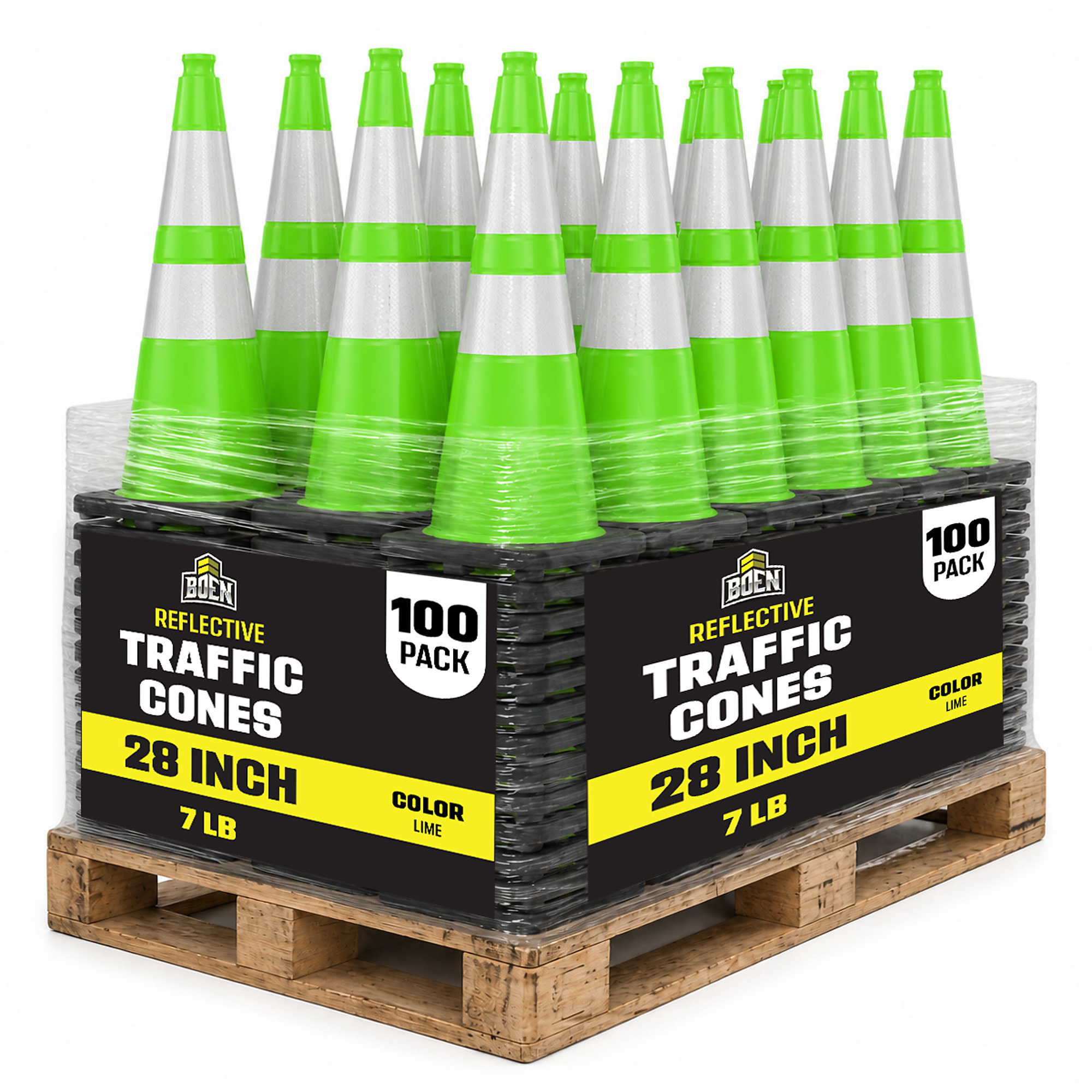 Boen 28 in, Lime Green Traffic Cones, 100-Pack,Traffic Cones with 2 Reflective Collars & 7 lb, Base for Road Work, Parking & Traffic Control